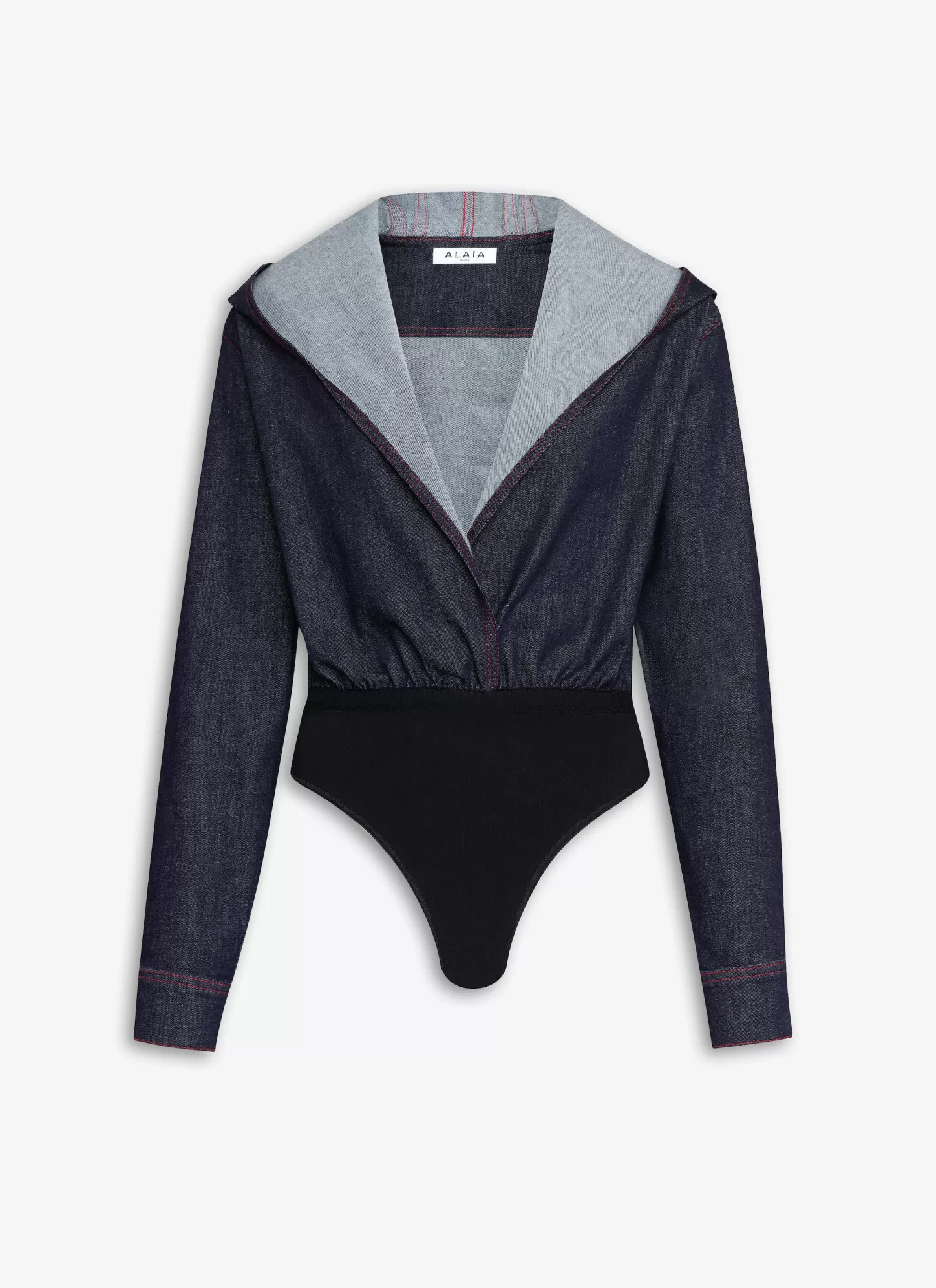 Alaïa Denim | Bodys Et Leggings | BODY-CHEMISE À CAPUCHE EN DENIM STRETCH